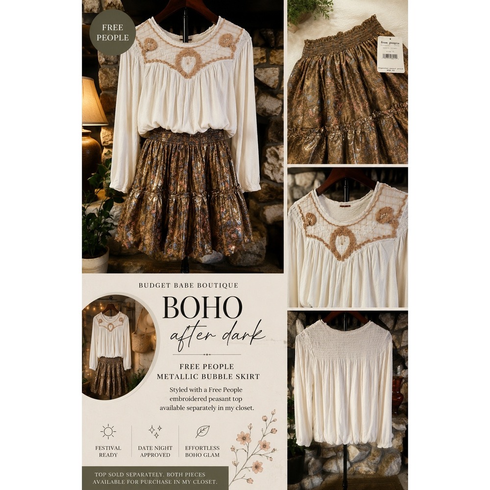 Free People Metallic Bubble Skirt Bronze Floral Shimmer Boho Mini Skirt M